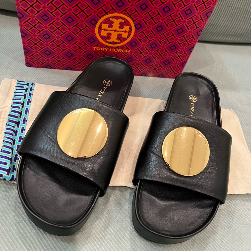 Tory Burch Patos Black Leather Slide Sz8